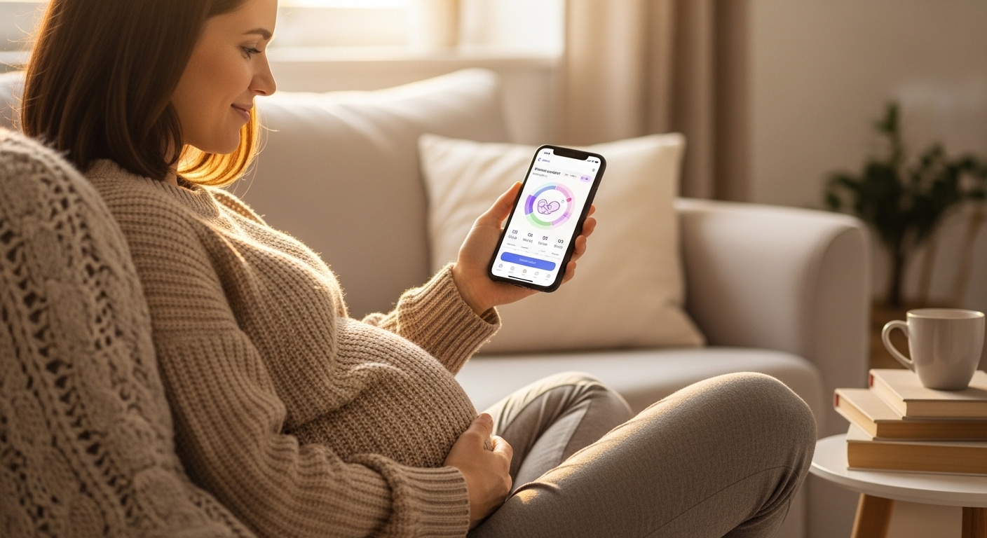 Pregnant woman using a pregnancy app at home