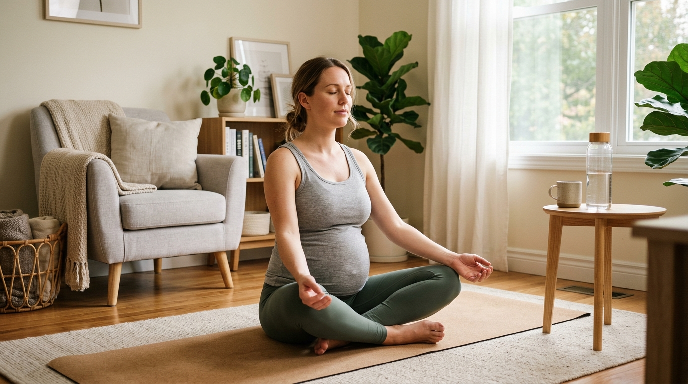 Expecting mother doing gentle prenatal stretching at home for pregnancy comfort