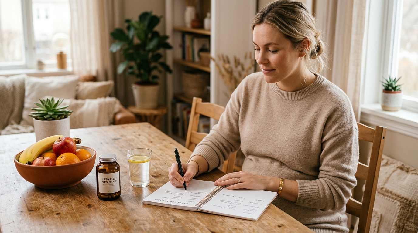Expecting mother planning simple prenatal meals and snacks during pregnancy