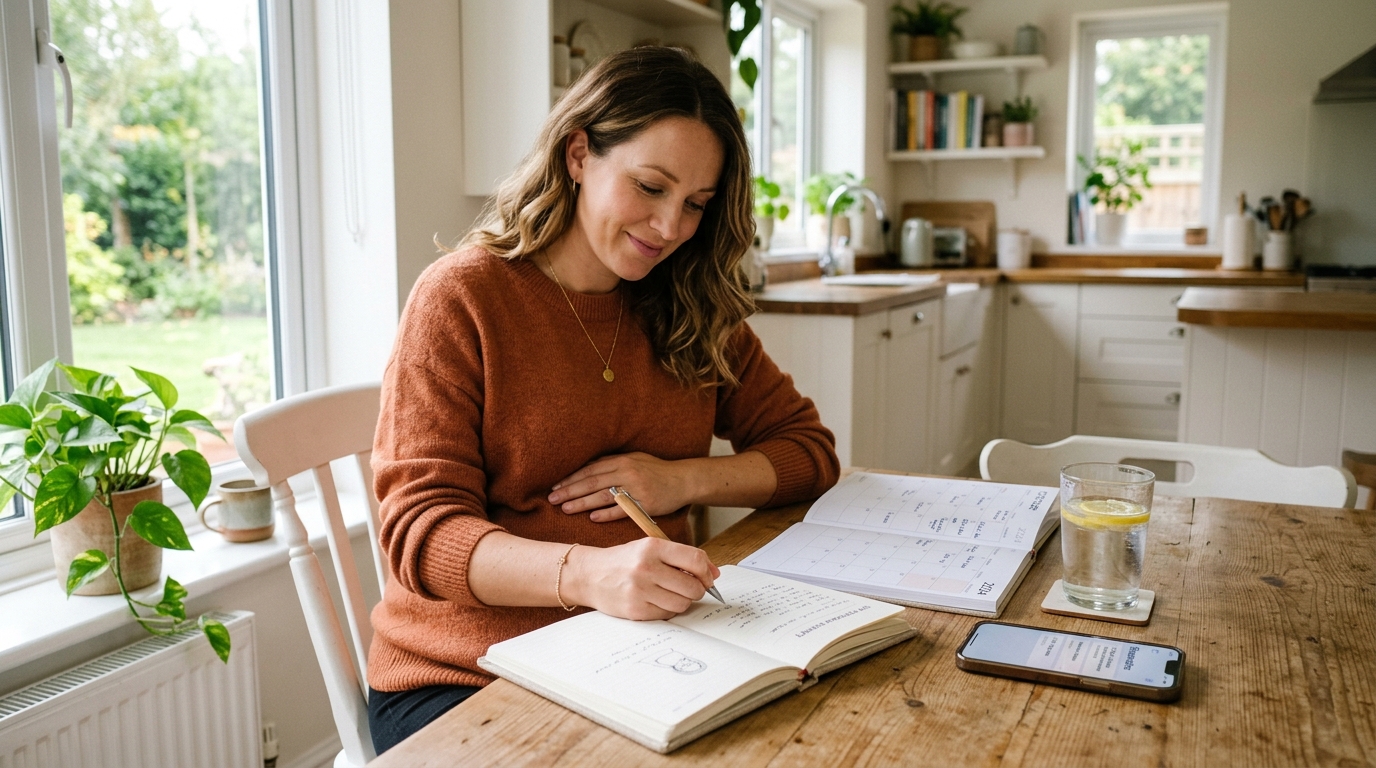 Expecting mother preparing for her first prenatal visit with notes and a calendar.