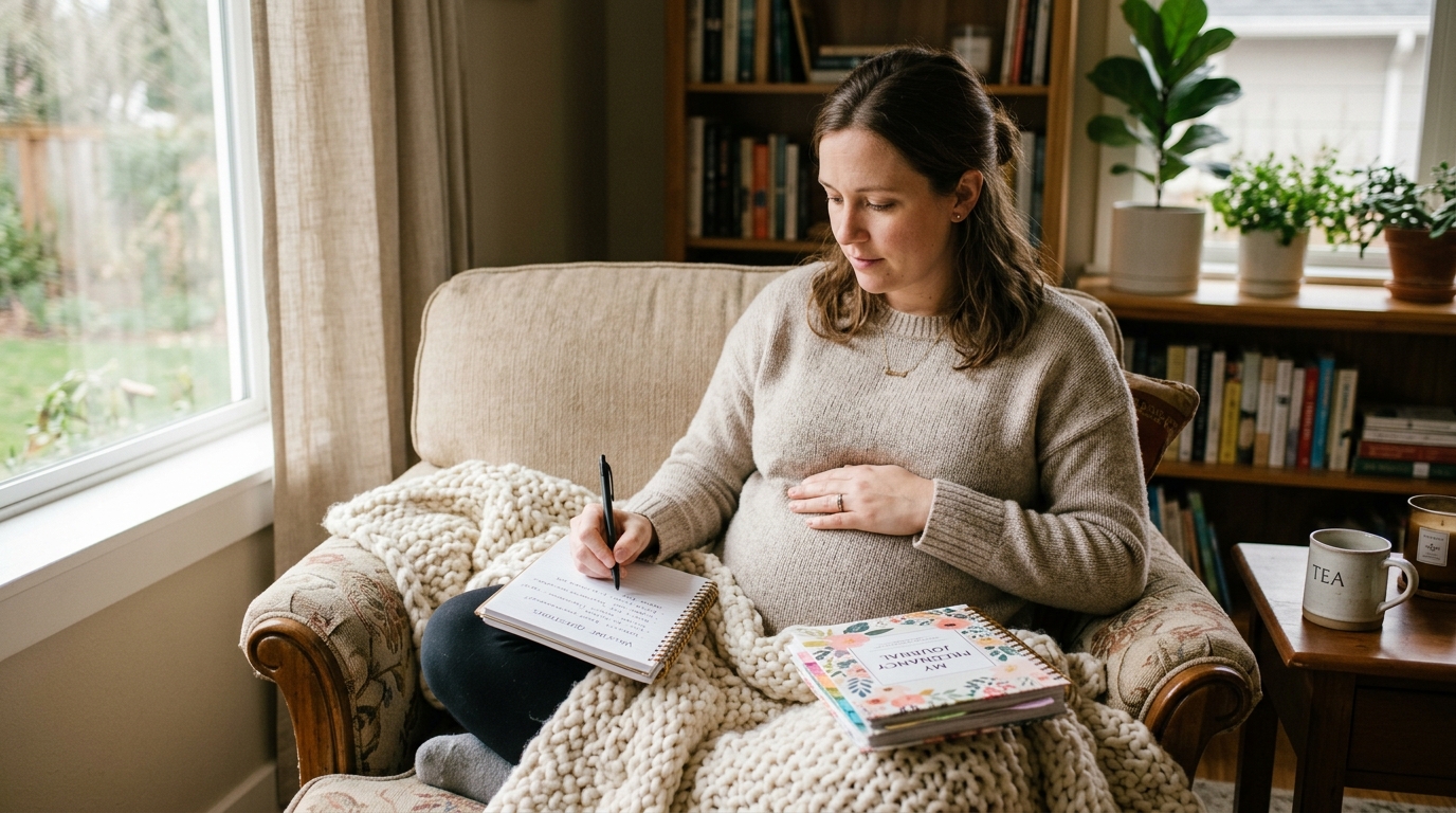 Expecting mother writing questions about pregnancy vaccines before a prenatal visit