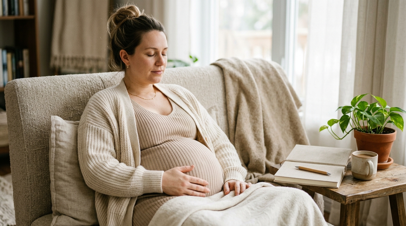 Pregnant woman practicing calm breathing and pelvic floor awareness during pregnancy
