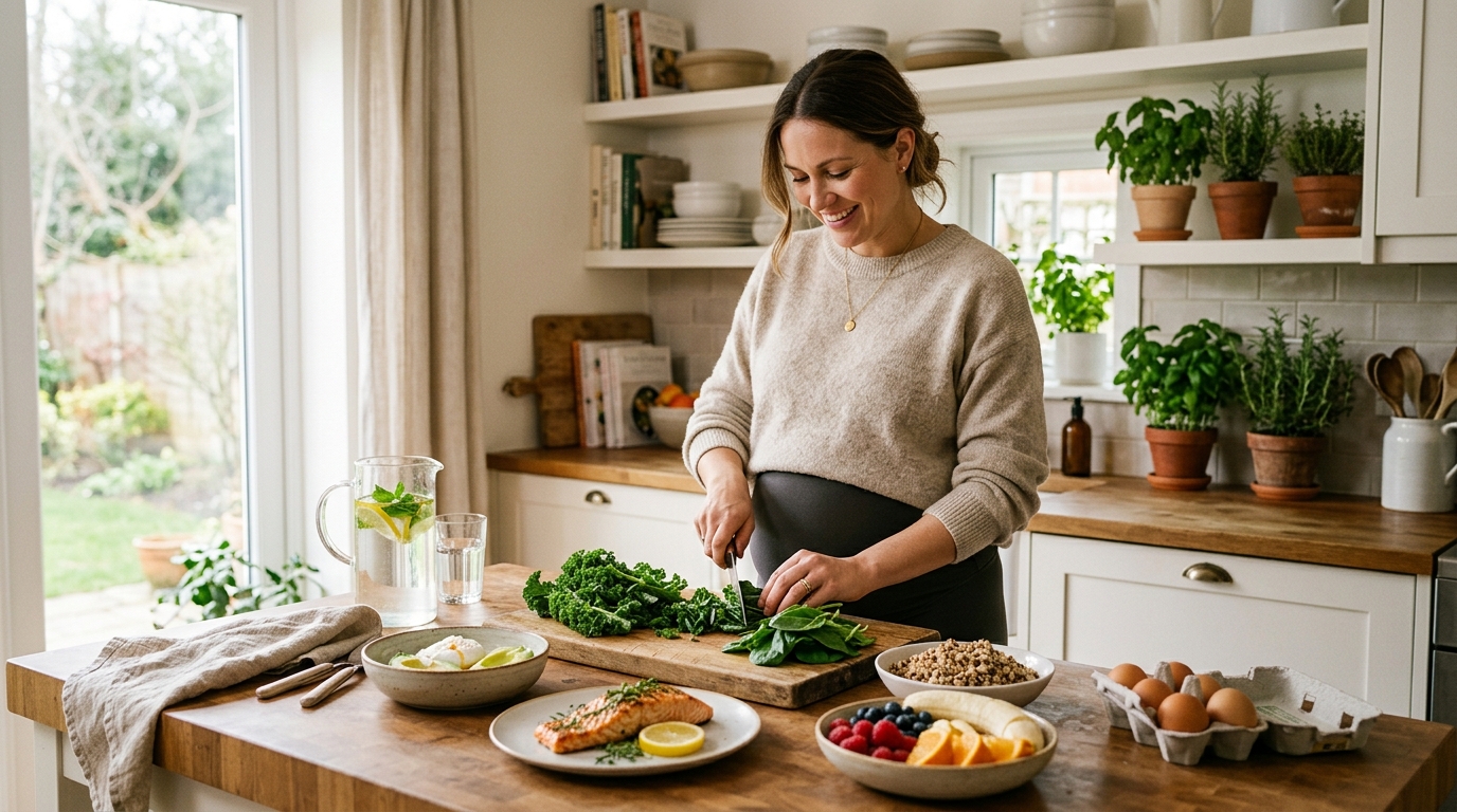 Pregnant woman preparing a balanced prenatal nutrition meal in a cozy kitchen