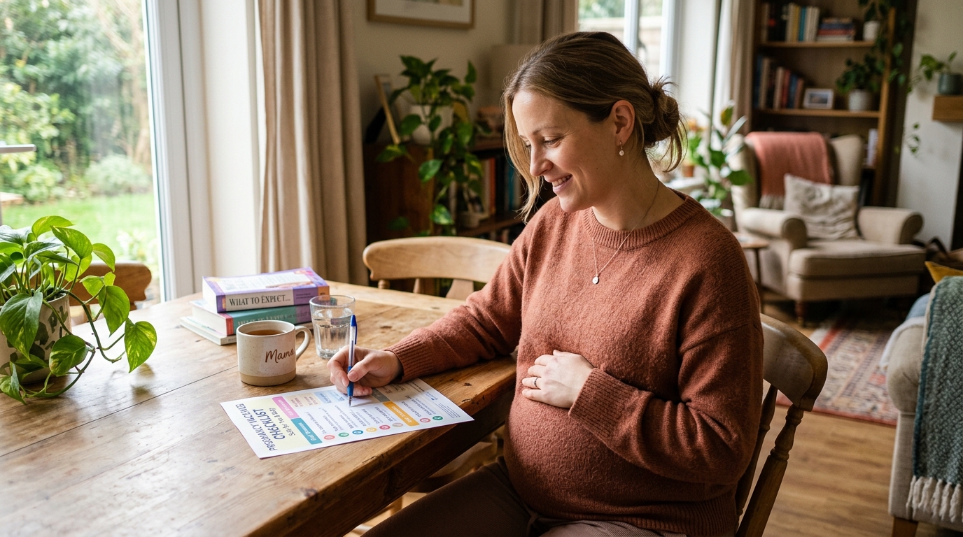 Pregnant woman reviewing a calm pregnancy vaccines checklist at home