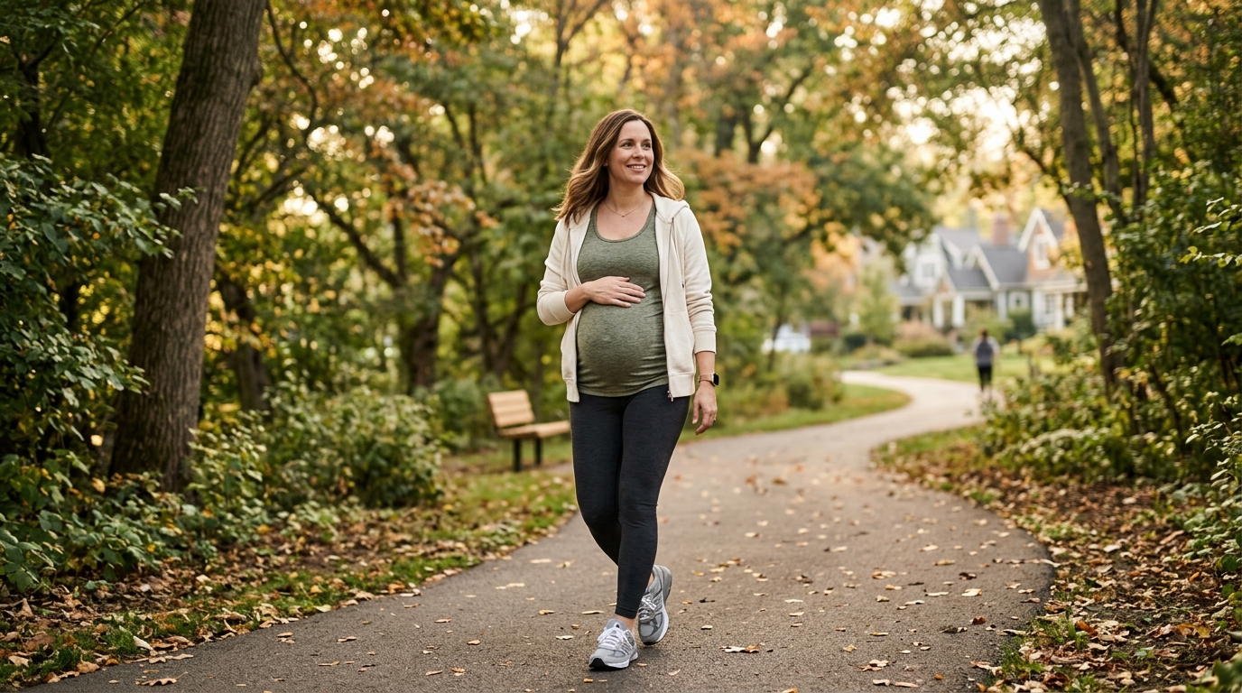Pregnant woman walking gently outdoors as part of a prenatal movement routine