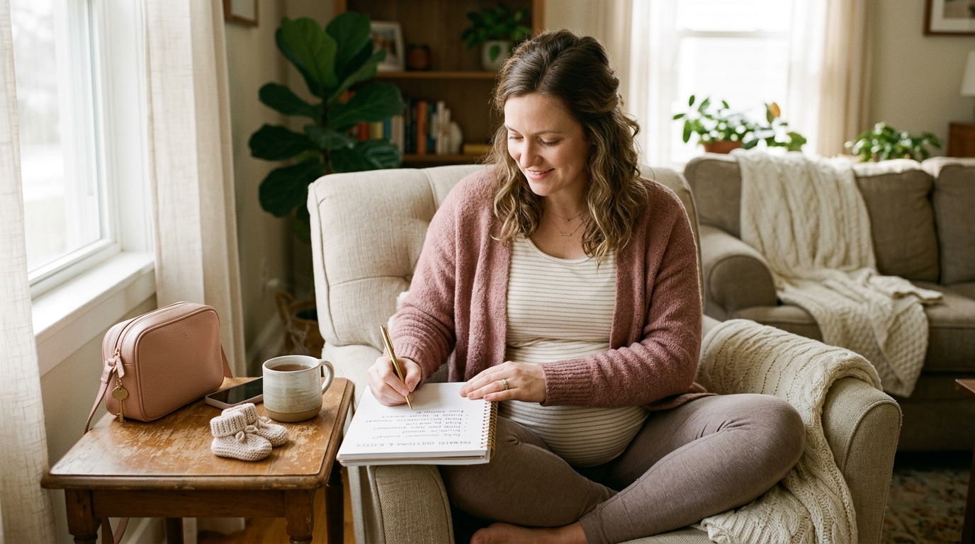 Pregnant woman writing questions before her first prenatal visit.