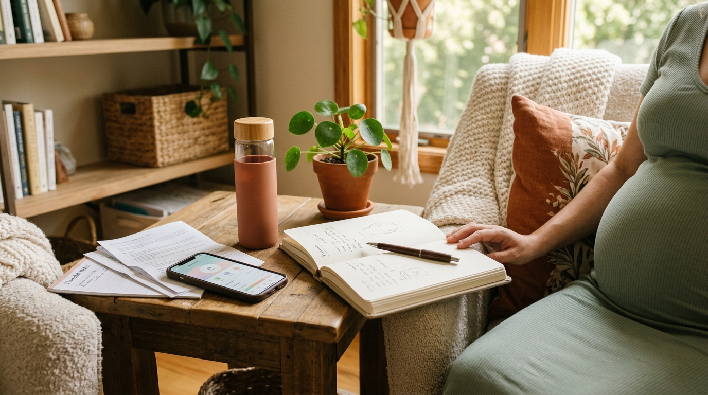 Pregnancy mental health check-in setup with journal and appointment notes