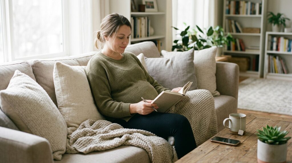 Pregnant woman journaling during a gentle mental health check-in routine