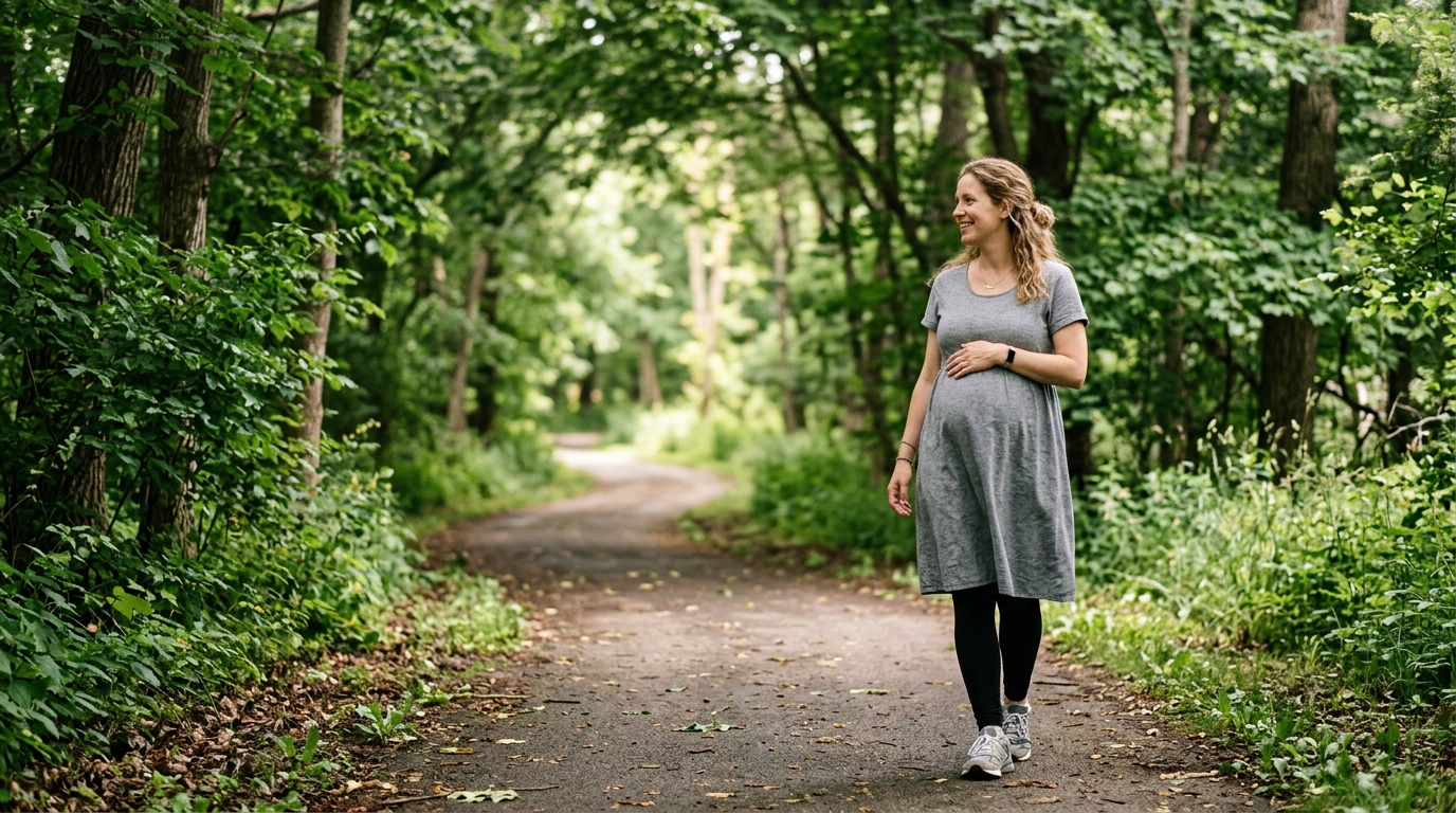 Pregnant woman walking in the shade during cooler summer morning hours